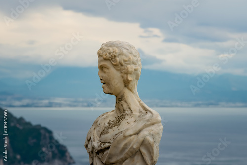 Beautiful statue from the belvedere  the so-called Terrazza dell infinito  The Terrace of Infinity seen on the sunset  Villa Cimbrone  Ravello village  Amalfi coast of Italy