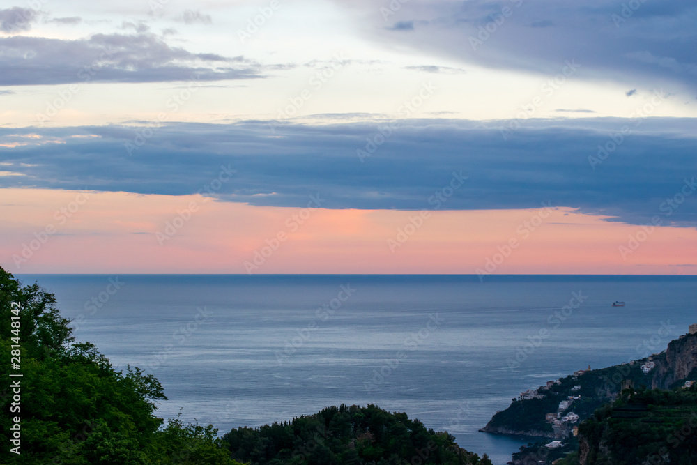Sunset over the Tyrranean sea, viewed from The Terrace of Infinity or Terrazza dell'Infinito, Villa Cimbrone, Ravello village, Amalfi coast of Italy