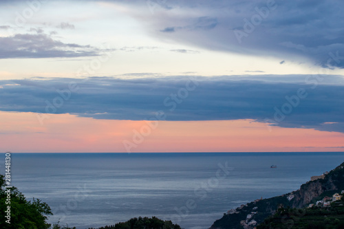 Sunset over the Tyrranean sea, viewed from The Terrace of Infinity or Terrazza dell'Infinito, Villa Cimbrone, Ravello village, Amalfi coast of Italy