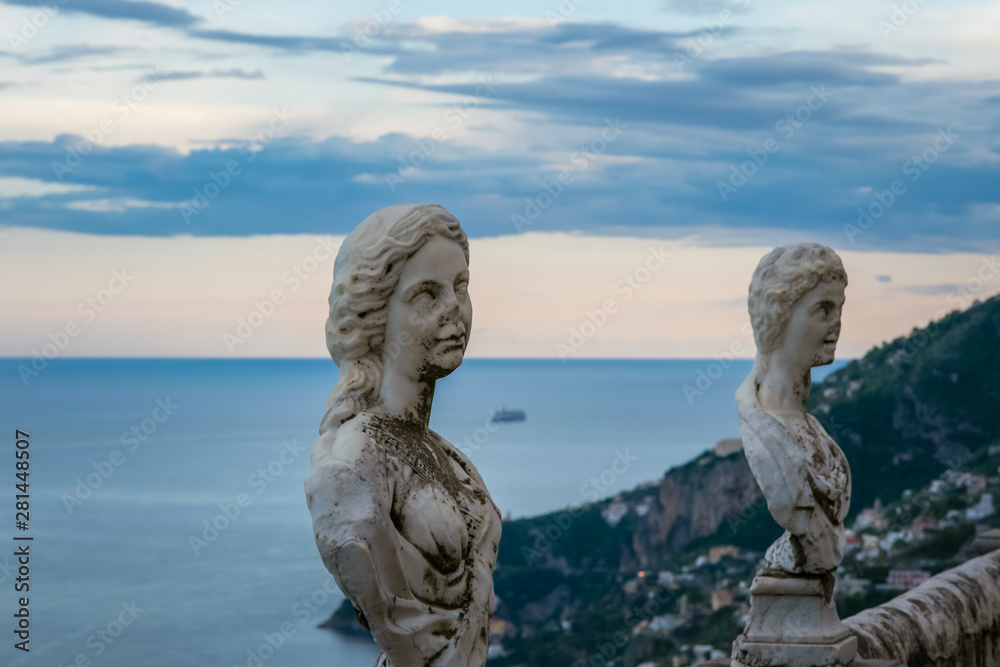 Statues from the belvedere, the so-called Terrazza dell'infinito, The Terrace of Infinity seen on the sunset, Villa Cimbrone, Ravello village, Amalfi coast of Italy