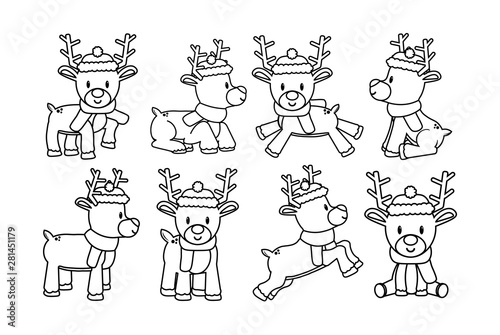 Vector set cartoon cute reindeer isolated