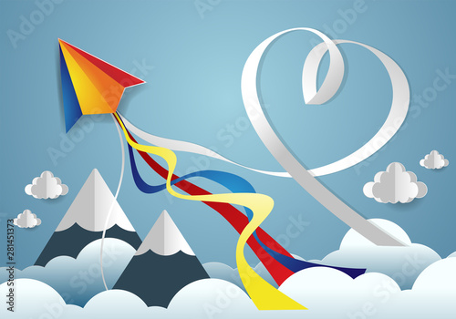 Paper art of kite flying in the sky, and kite tail become the heart shape. Happy valentine and love celebration concept, Flat and digital craft style vector illustration.