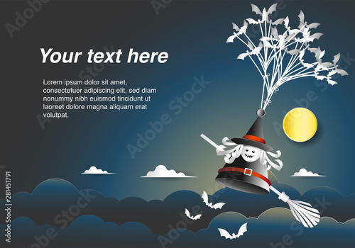 Paper art of witch hanging from the bats and copy space for text message. Happy Halloween celebration concept, Flat and digital craft style vector illustration..