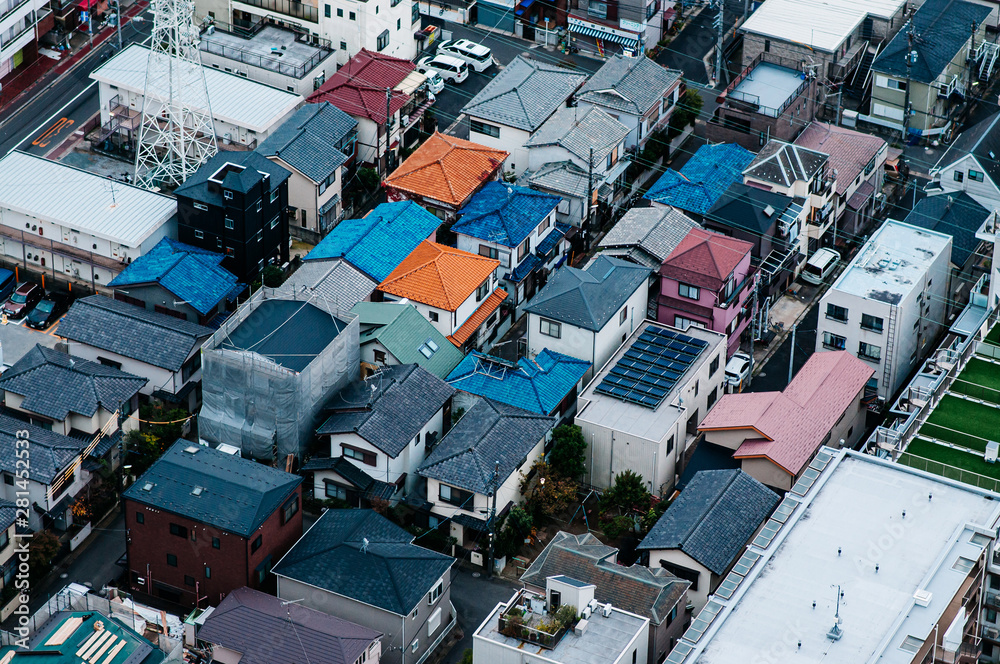Aerial view buildings roof in residential area of Ichikawa district. Tokyo - Japan