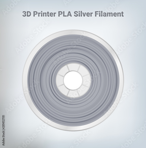 Vector illustration of special glittering composite pla or abs silver filament for 3D printing wounded on the spool. Plastic silver special material for a 3D printer.