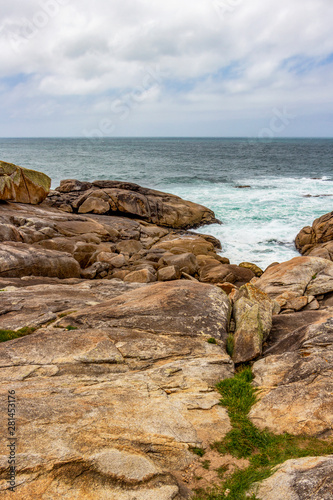 Muxia or Mugia rocky coastal view on the Way of St. James, Camino de Santiago, Province of A Coruna, Galicia, Spain