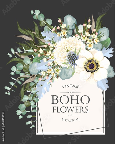 Vintage wedding card with flowers and greenery