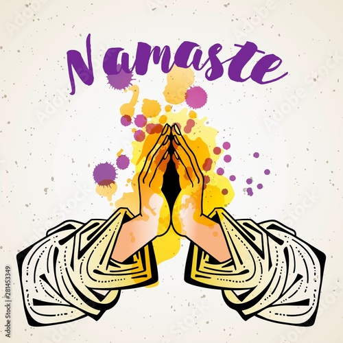 Namaste mudra. Hands on the elbow with drapery clothes.Symbol of Buddhism. Ritual Indian greeting.Vector EPS isolated illustration
