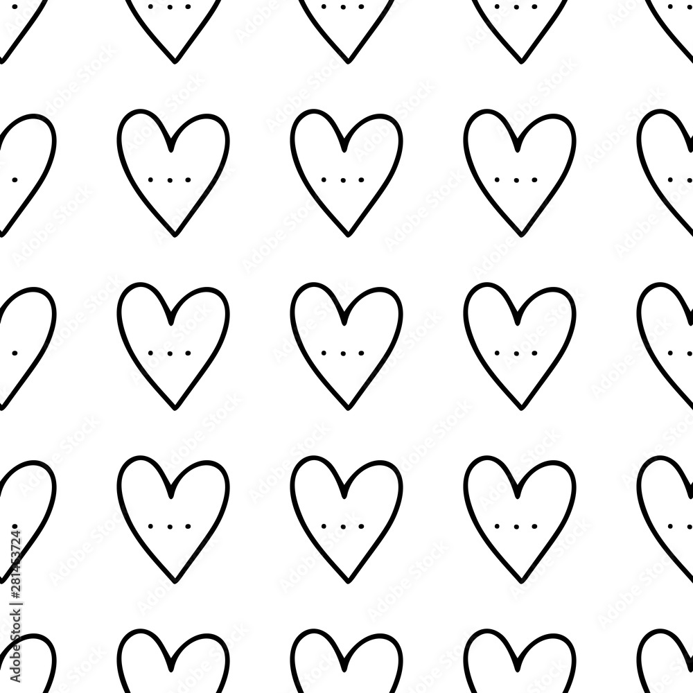 Heart shape hand drawn doodle style black and white seamless pattern. Vector illustration for wrapping, wallpaper or textile design.