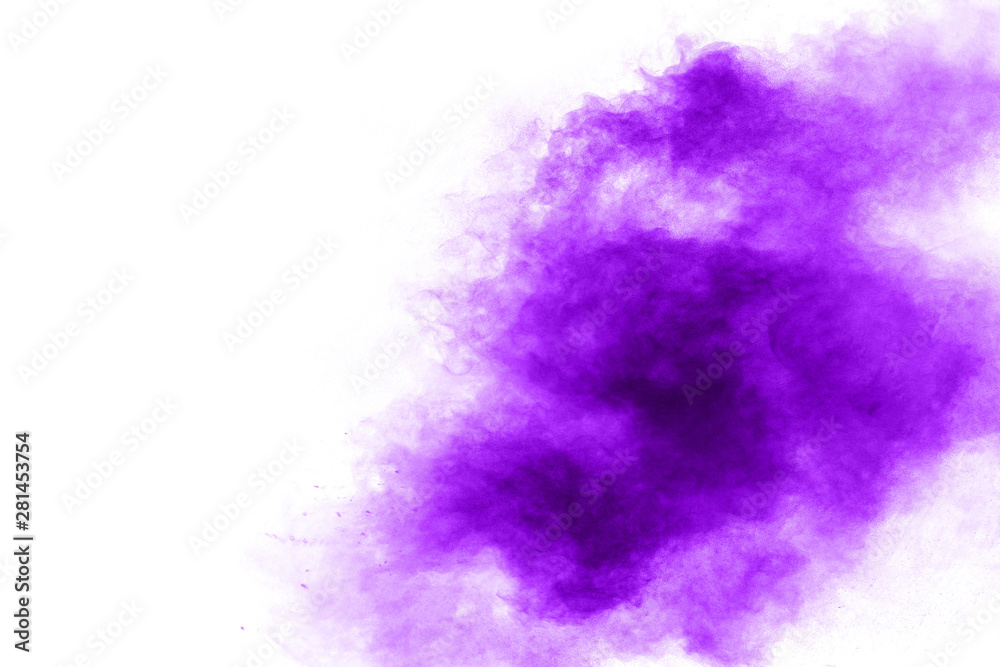 Abstract purple powder explosion on white background, Freeze motion of purple dust splashing.