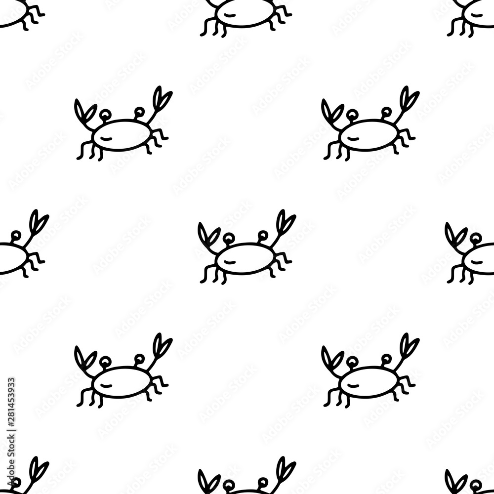 Hand drawn doodle style seamless pattern with black crabs on the white background. Vector illustration for wrapping, wallpaper or textile design. Hand drawn doodle style seamless pattern with black crabs on the white background. Vector illustration for wrapping, wallpaper or textile design.