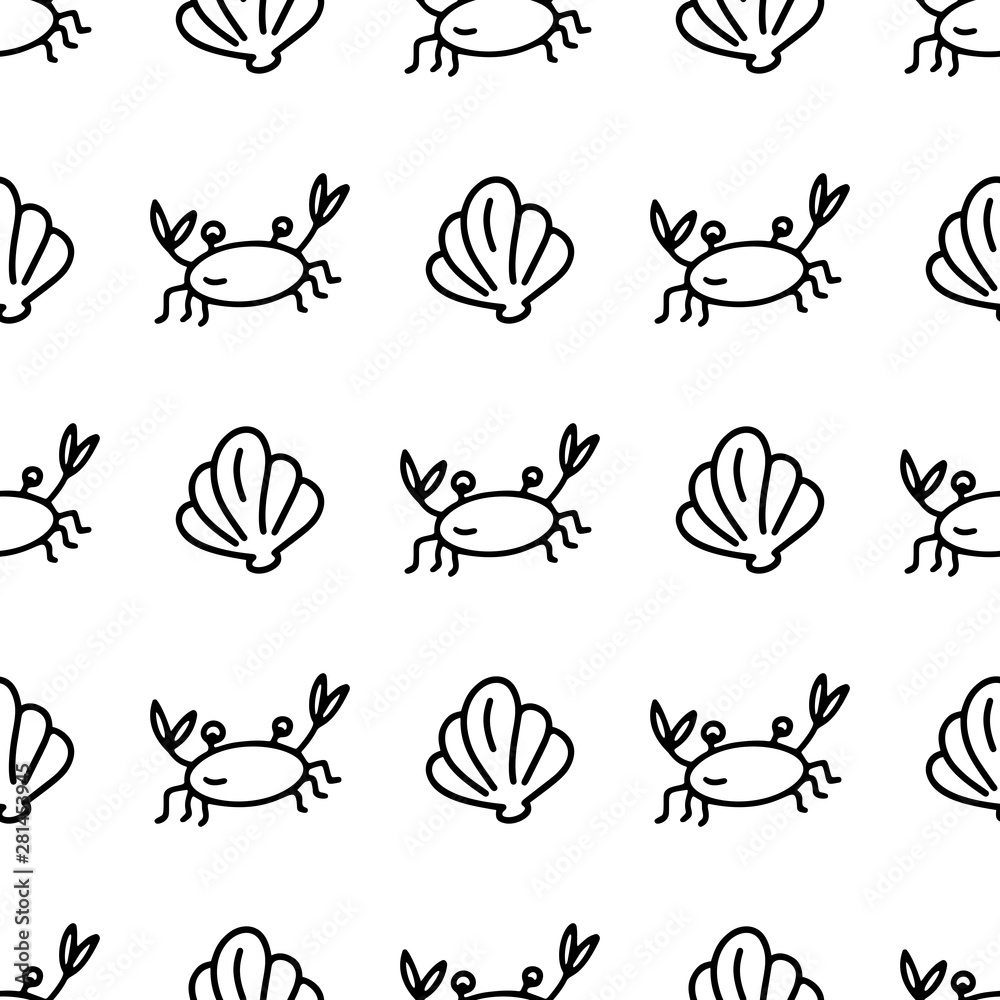 Hand drawn doodle style seamless pattern with black crabs and shells on the white background. Vector illustration for wrapping, wallpaper or textile design. Hand drawn doodle style seamless pattern with black crabs and shells on the white background. Vector illustration for wrapping, wallpaper or textile design.