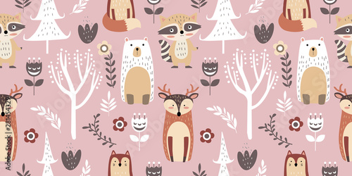 Fototapeta Naklejka Na Ścianę i Meble - adorable animal illustration seamless pattern for kids project, fabric, scrapbooking, crafting, invitation and many more