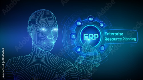 ERP. Enterprise resource planning business and modern technology concept on virtual screen. Corporate Company Management Business. Wireframed cyborg hand touching digital interface. Vector. EPS 10.