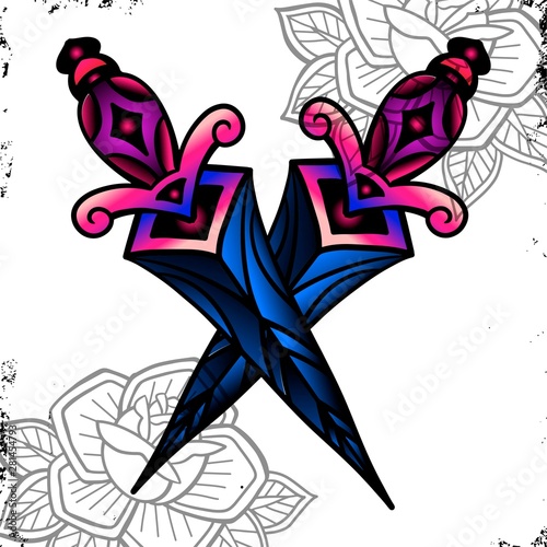 Traditional tattoo with dagger knife. Colorful Tattoo.Vector illustration Old school tattoo line art. Suitable for printing transfer tattoos and stickers