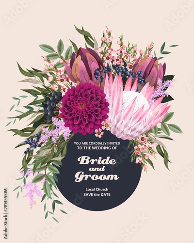 Vintage wedding card with flowers and greenery