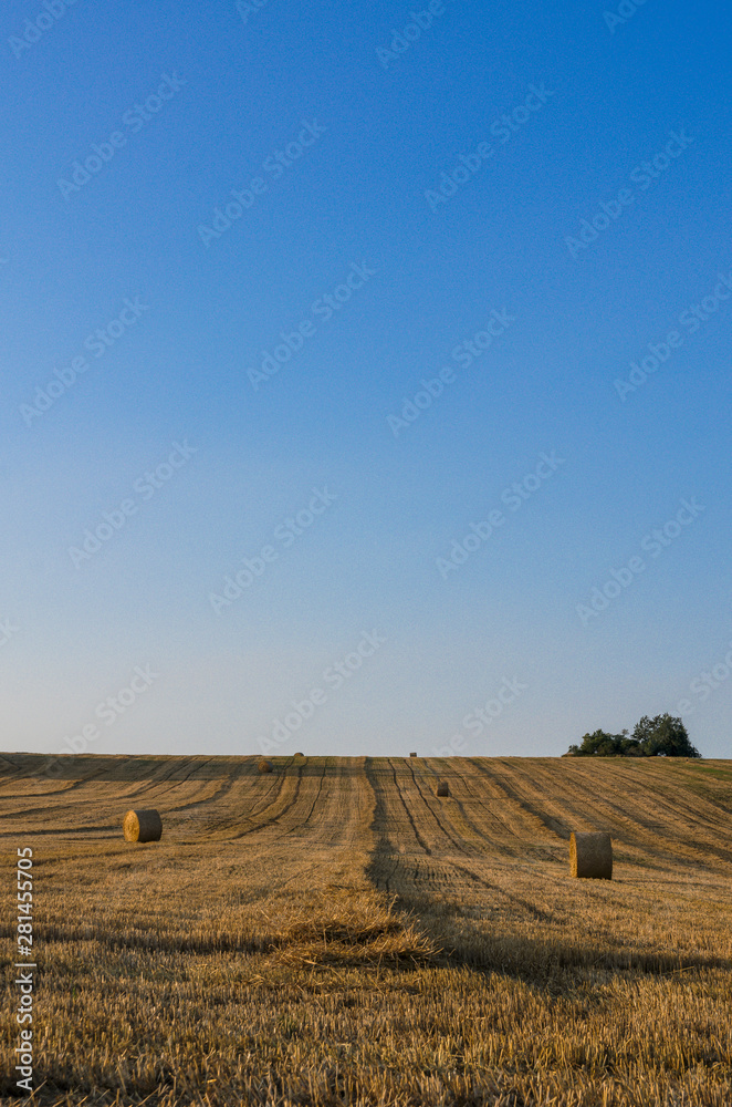 Landscape photo with blue sky, mowed field and hay bales