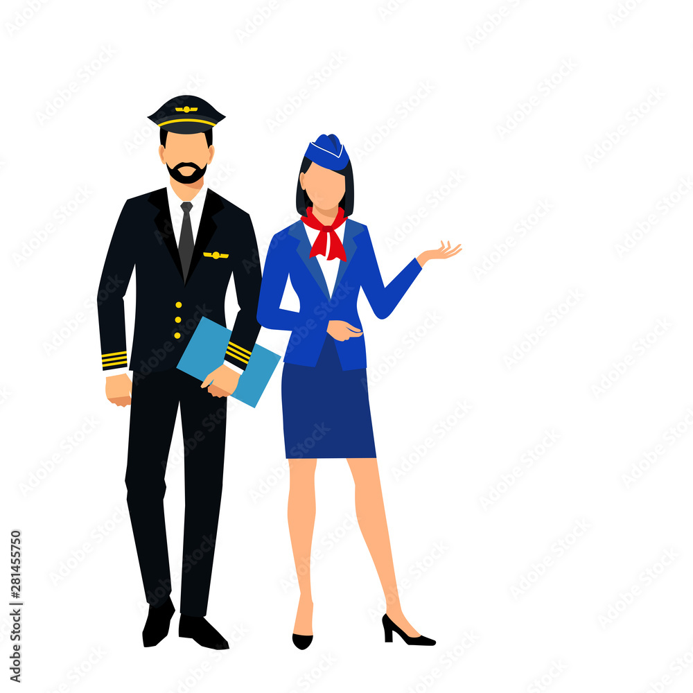 Illustration of stewardess dressed in blue uniform. Flight attendants and a pilot isolated on a white background. vector illustration