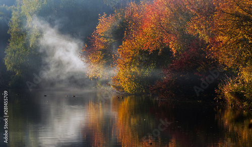 Autumn trees with red and yellow leaves are reflected in the water of the lake with the fog. Selective focus..