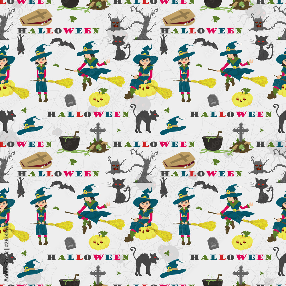 Halloween_19_seamless pattern, in the style of childrens illustration, for design decoration at the festive event