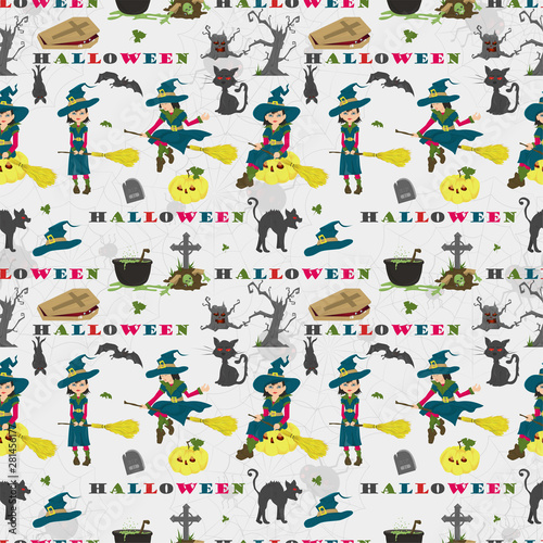 Halloween_19_seamless pattern, in the style of childrens illustration, for design decoration at the festive event