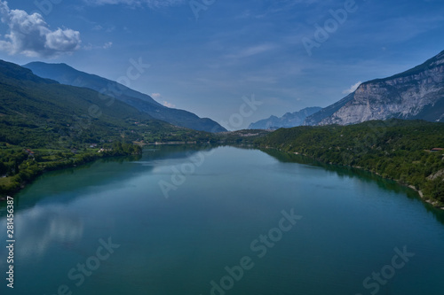 Aerial photography. Panoramic view of a small lake north of Italy. Trento region. Great trip to the lake in the Alps. © Berg
