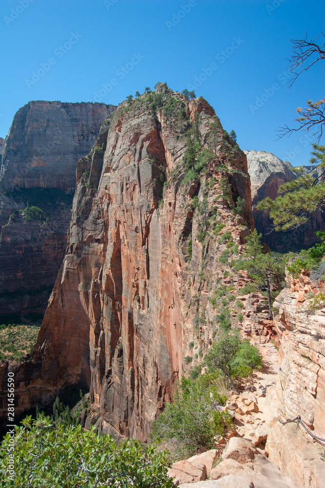 Angels Landing in Zion National Park, Utah on a clear and cloudless summer morning.