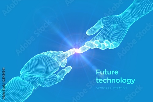 Hands of Robot and Human Touching. Cyborg finger about to touch human finger. Symbol of connection between people and artificial intelligence. Science, future technology. Vector Illustration.