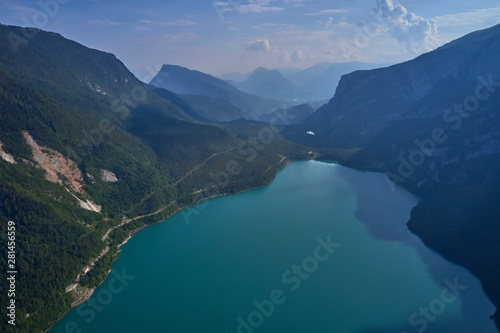 Aerial photography. Panoramic view of the lake Molveno north of Italy. Trento region. Great trip to the lake in the Alps.