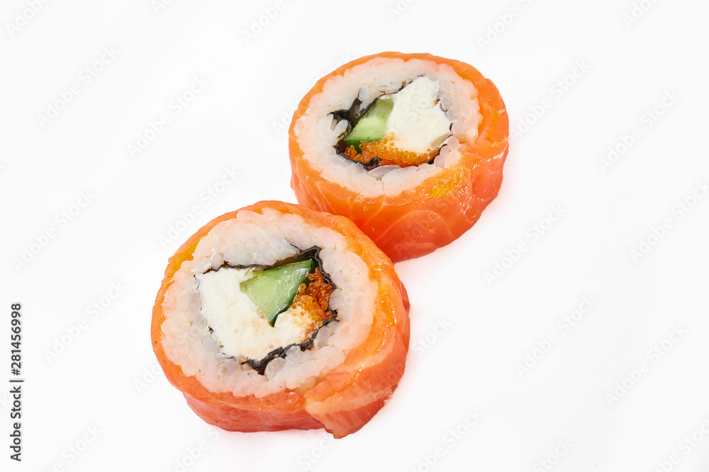 sushi with salmon on white plate sushi with salmon on white plate