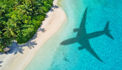 Travel concept with airplane shadow and beach