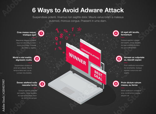 Simple infographic for 6 ways to avoid adware attack template, isolated on dark background. Easy to use for your website or presentation.