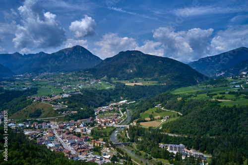 Aerial photography. Panoramic view of the Alps north of Italy. Trento Region, San Lorenzo Dorsino. Great trip to the Alps