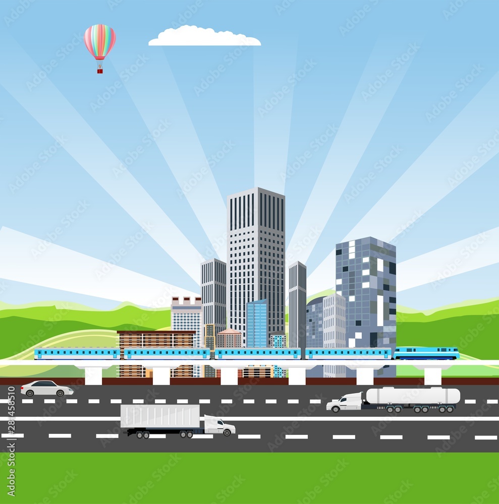 Urban landscape street with city buildings, towers . Railway and highway along town and clouds in the sky. vector
