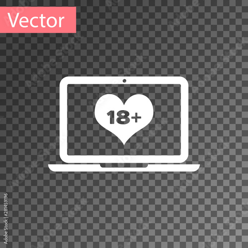 White Laptop computer with 18 plus content heart icon isolated on transparent background. Age restriction symbol. 18 plus content sign. Adult channel. Vector Illustration