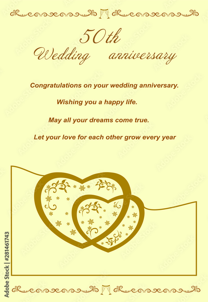Golden anniversary card for greetings and writing text. Golden 50th wedding  celebrate  invitation card white background. Wedding  elements Invitation card. Stock Vector | Adobe Stock
