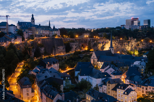 The Skyline of Luxembourg City at night. The Old Town of Luxembourg is a UNESCO World Heritage Site. Neumünster Abbey, the banks of the Alzette River in the lower city, known as the Grund Quarter.