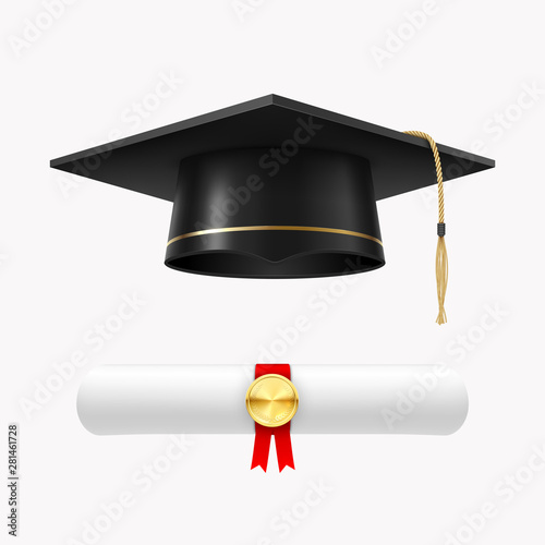 Graduate cap with diploma, college ceremony and achievement