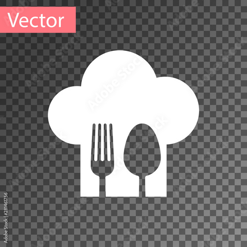 White Chef hat with fork and spoon icon isolated on transparent background. Cooking symbol. Restaurant menu. Cooks hat. Vector Illustration