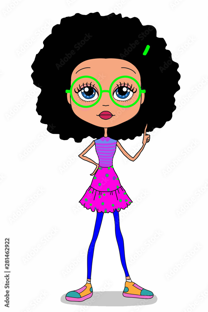 cool cute girl and dark curly hair and glasses characters cartoon  illustration drawing Stock Illustration | Adobe Stock
