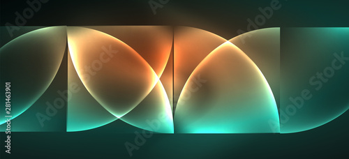 Techno glowing glass geometric shapes vector background, futuristic dark template with neon light effects and simple forms