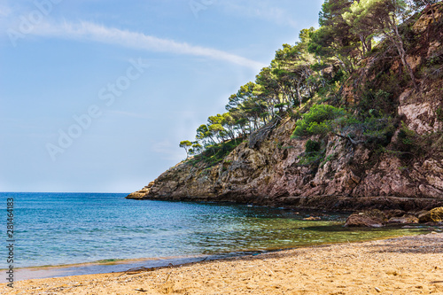 Cliff with trees on it close to a beach in Costa Brava (Spain)