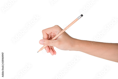 Hand holding wooden pencil for writing on white background and clipping path