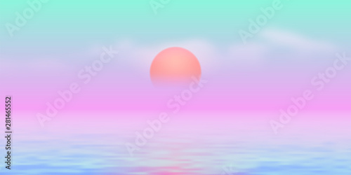 Fototapeta Naklejka Na Ścianę i Meble -  Sun over the sea with sun road and vaporwave 90s styled blue and pink colors