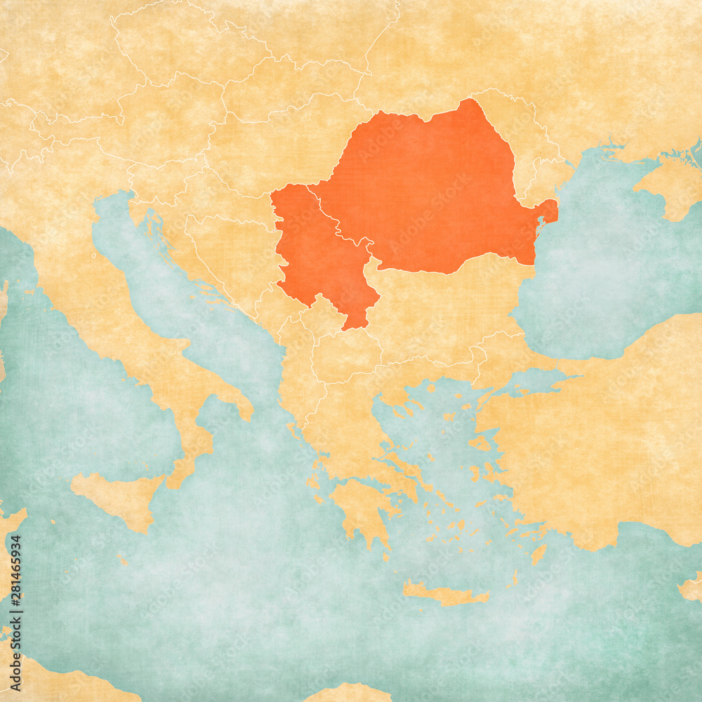 Map of Balkans - Romania and Serbia