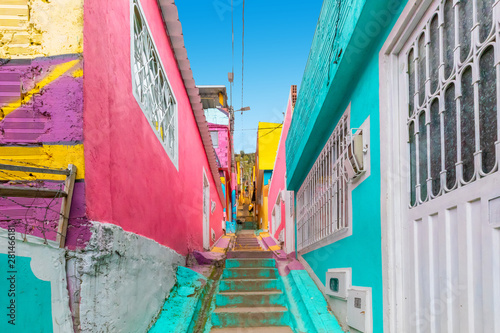 Colombia Bogota,  stairs in the colorful alley of district called Los Puentes © Marco