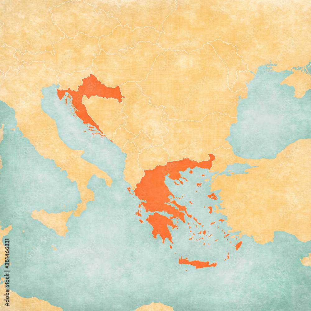 Map of Balkans - Greece and Croatia