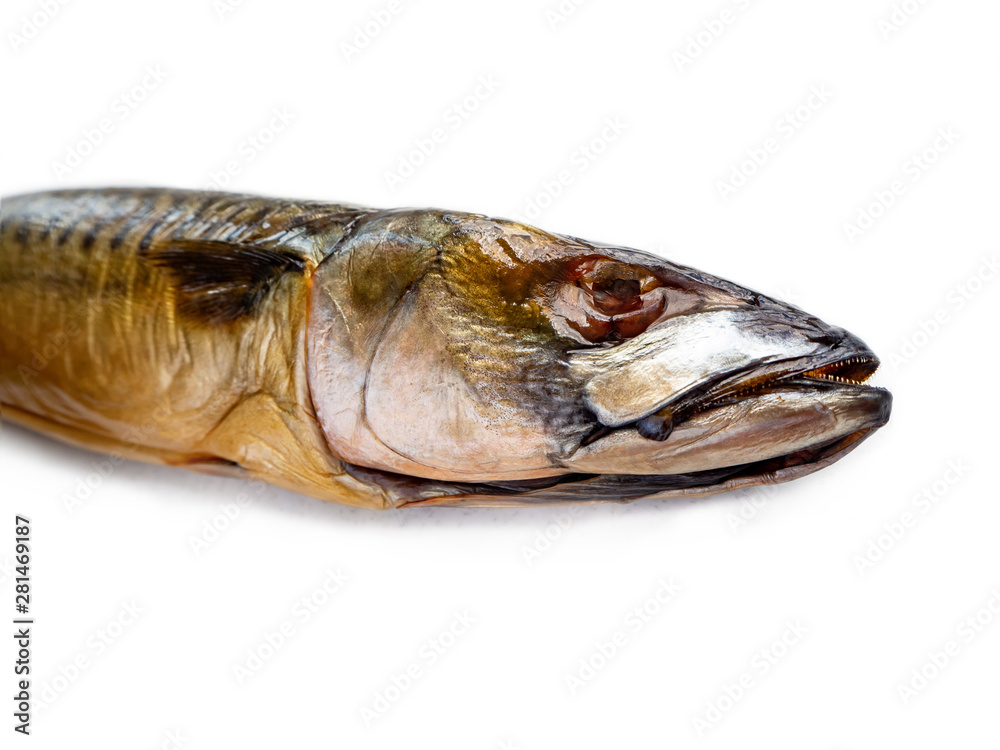 smoked fish mackerel lying on white , head close-up smoked fish mackerel lying on white , head close-up