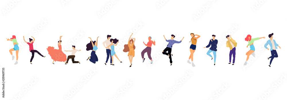 Crowd of young people dancing at club. Big set of characters having fun at party. Flat colorful vector illustration. Crowd of young people dancing at club. Big set of characters having fun at party. Flat colorful vector illustration.