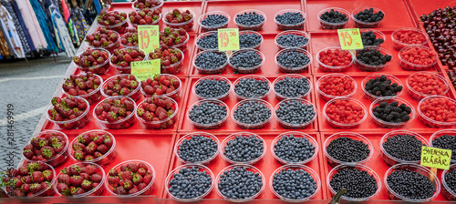 Blueberries and raspberries are for sale in Hötorget's square store photo